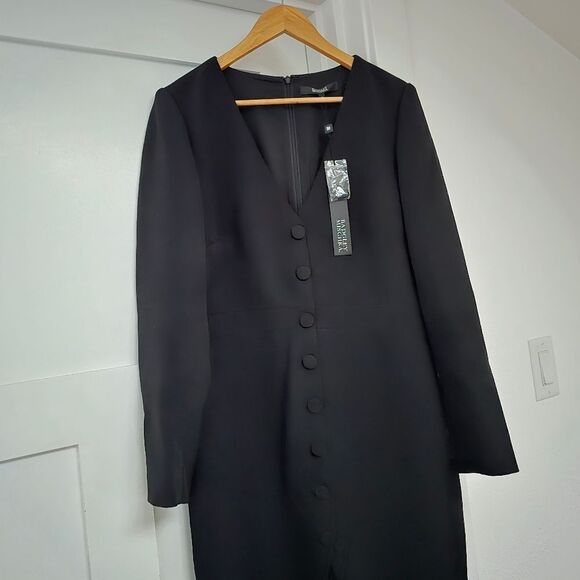 🆕️ Badgley Mischka Tailored Buttoned Long Sleeve Pleated Midi Dress in Black - Picture 6 of 16